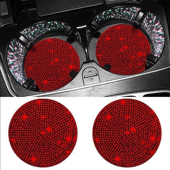 Red Bling Rhinestone Car Coasters for Cup Holder 2 Pack - Picture 2 of 5